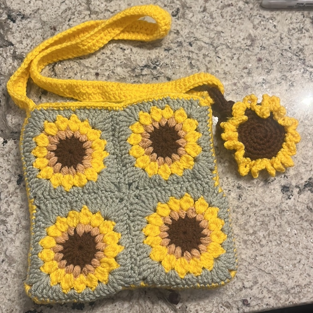 Handmade Crochet Sunflower Tote and Coin Purse